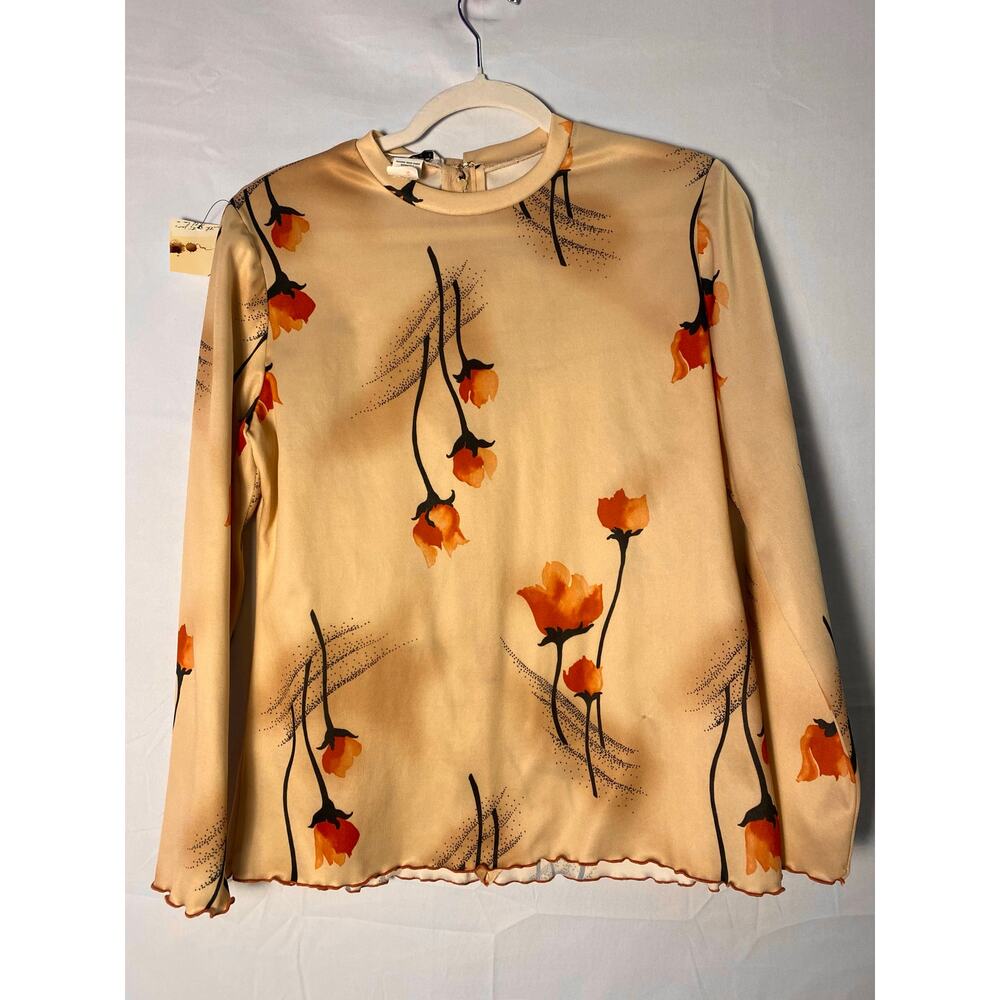 Vintage 70s Bayberry Orange Tulip Print Long Sleeve Blouse Women's Size Large